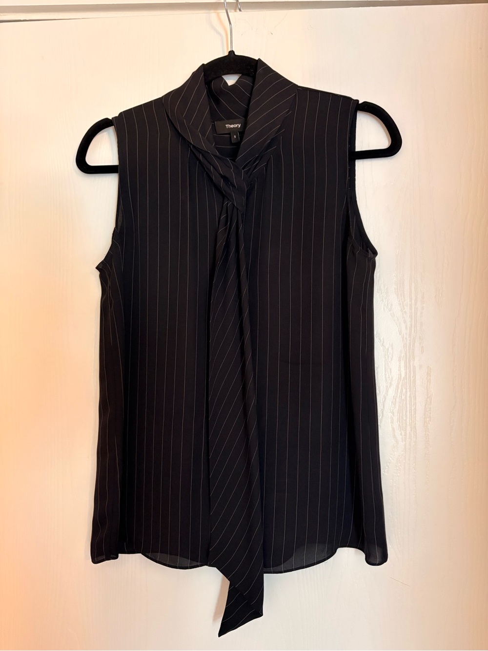 Theory | Navy Pinstripe Sleeveless Tie-Neck Top